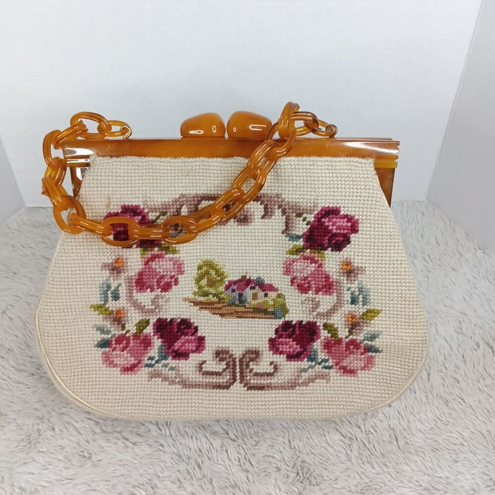 Vintage 1950s Mardor Needlepoint Handbag Butterscotch Bakelite Frame Chain Purse